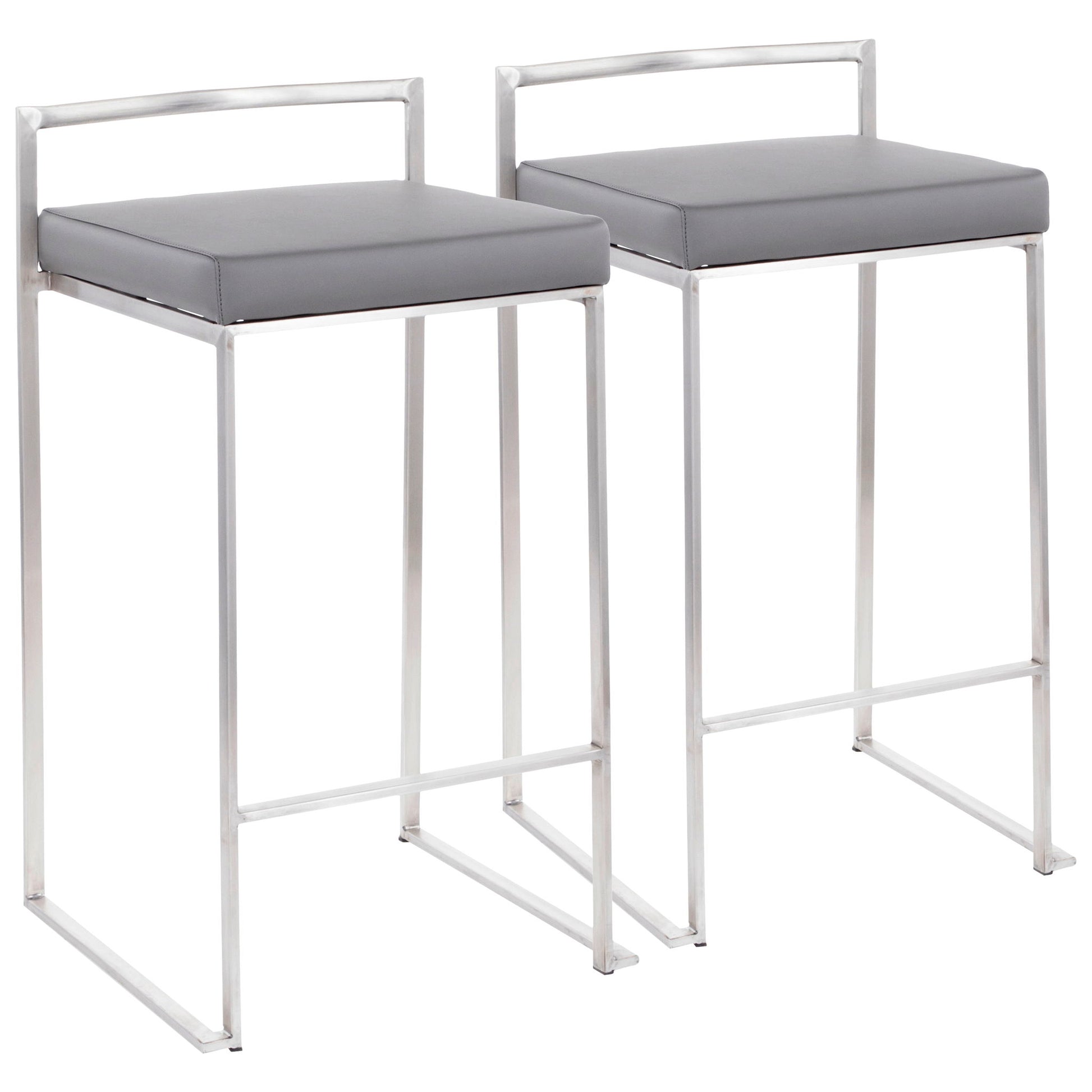 The Fuji Contemporary Elegant Stackable Counter Stool Set includes two modern stools with sleek silver metal frames, minimalist square gray cushioned seats, low backrests, and footrest bars at the base.