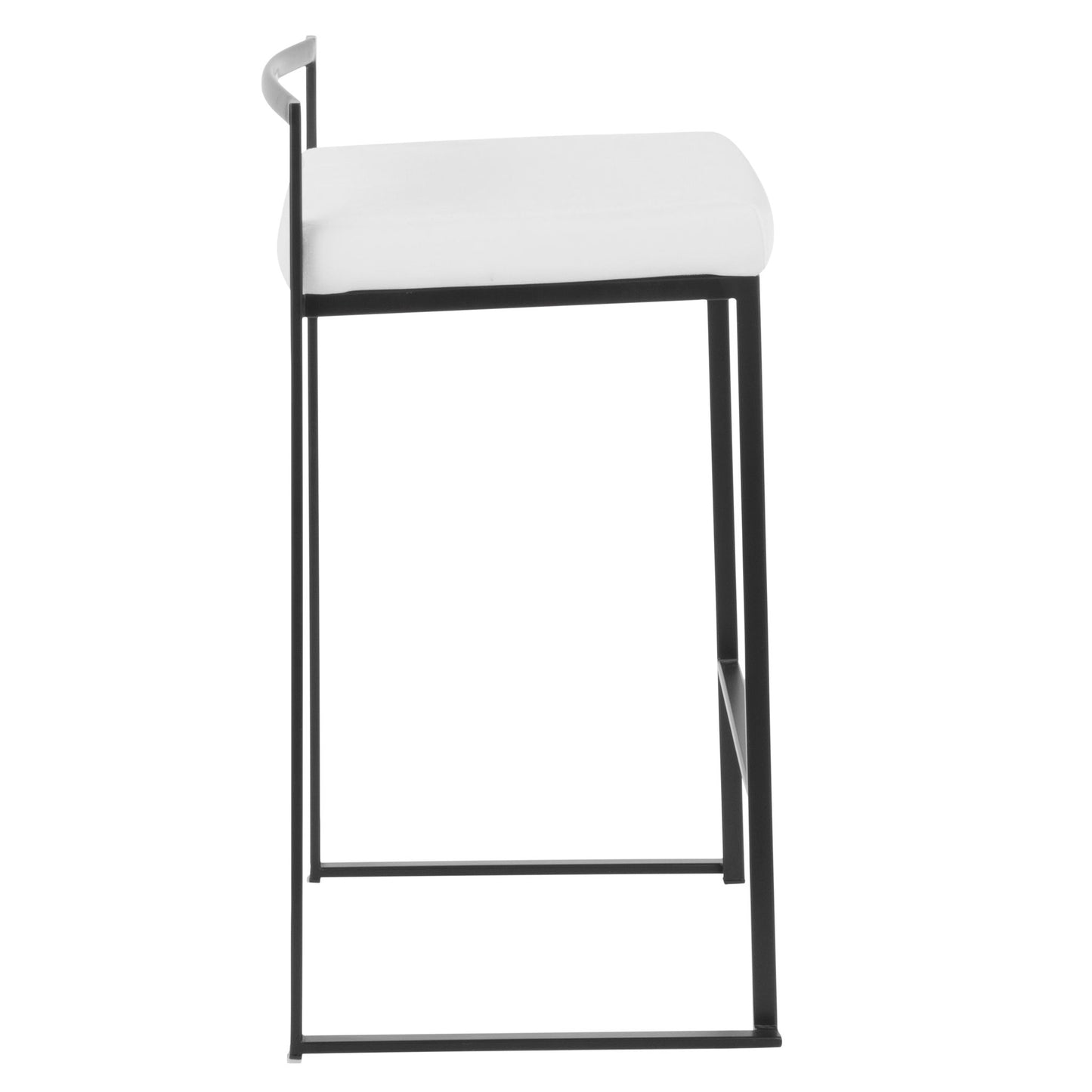The Fuji Contemporary Stackable Counter Stool features a minimalist geometric design, thin black metal frame, low backrest, and a white cushioned seat, shown here in a sleek side view.
