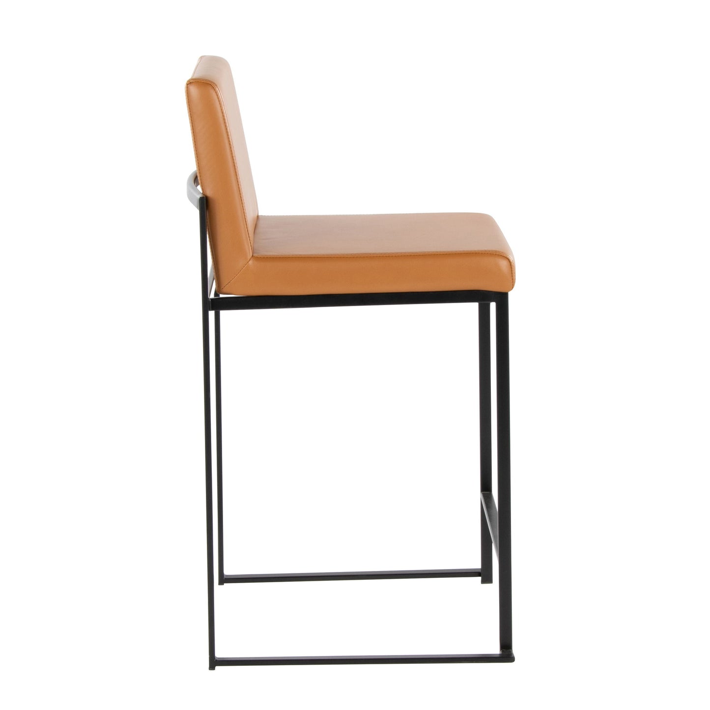 Side view of the Fuji - Contemporary High Back Barstool, featuring a tan leather seat and backrest with an elegant black metal frame and footrest.