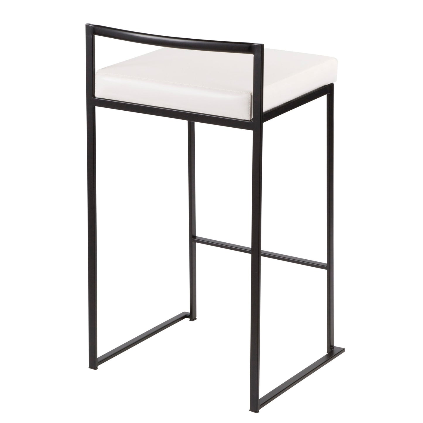 The Fuji Contemporary Style Stackable Counter Stool features a black metal frame, rectangular open back, white cushioned seat, and minimalist design with clean lines and no armrests.
