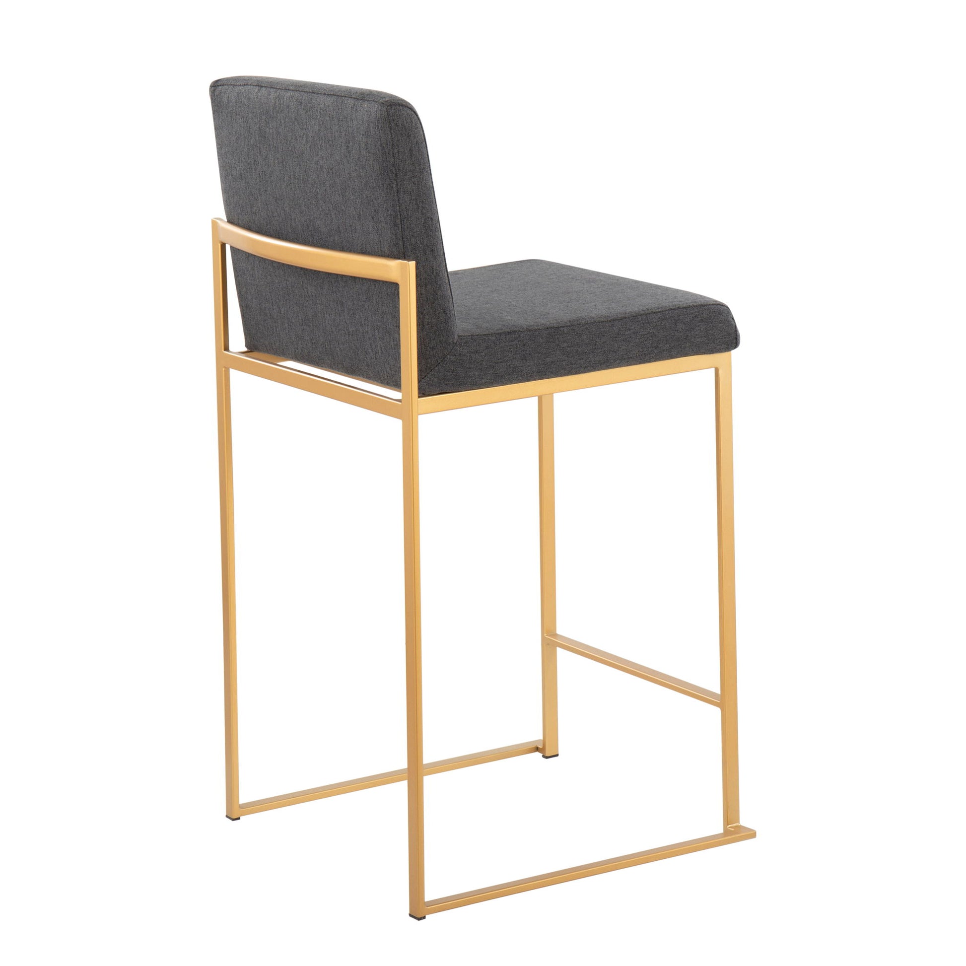 The Fuji - Contemporary High Back Stylish Counter Stool features a gold metal frame with a dark gray cushioned seat and backrest, displayed at an angle from behind.