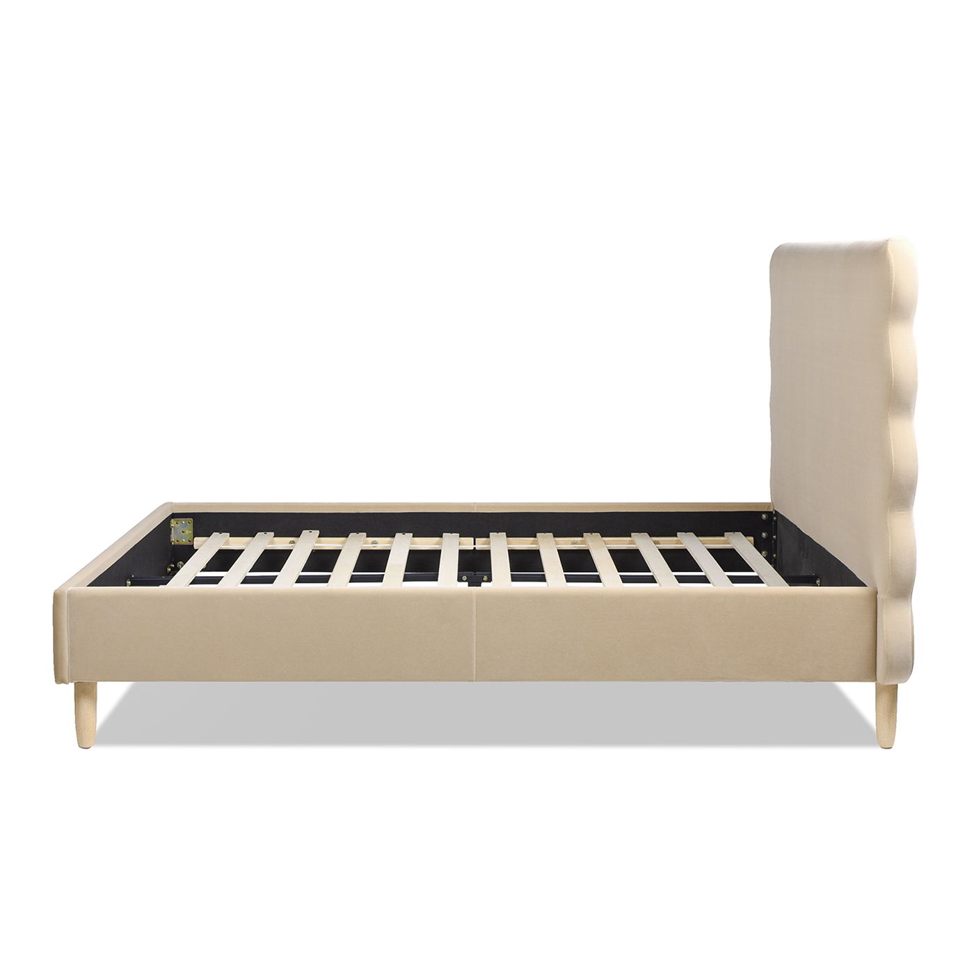 The Stockholm - Modern Wavy Headboard Platform Bed features a beige upholstered frame with a tall, padded headboard and wooden slats, shown without a mattress on a plain white background.