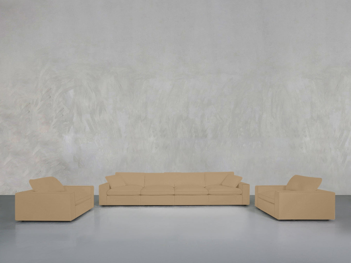 A minimalist room features the 4-1-1 Sofa & Armchair Set: a beige three-seater sofa at the center, flanked by two matching beige armchairs, all set against a textured light gray wall and smooth gray floor.