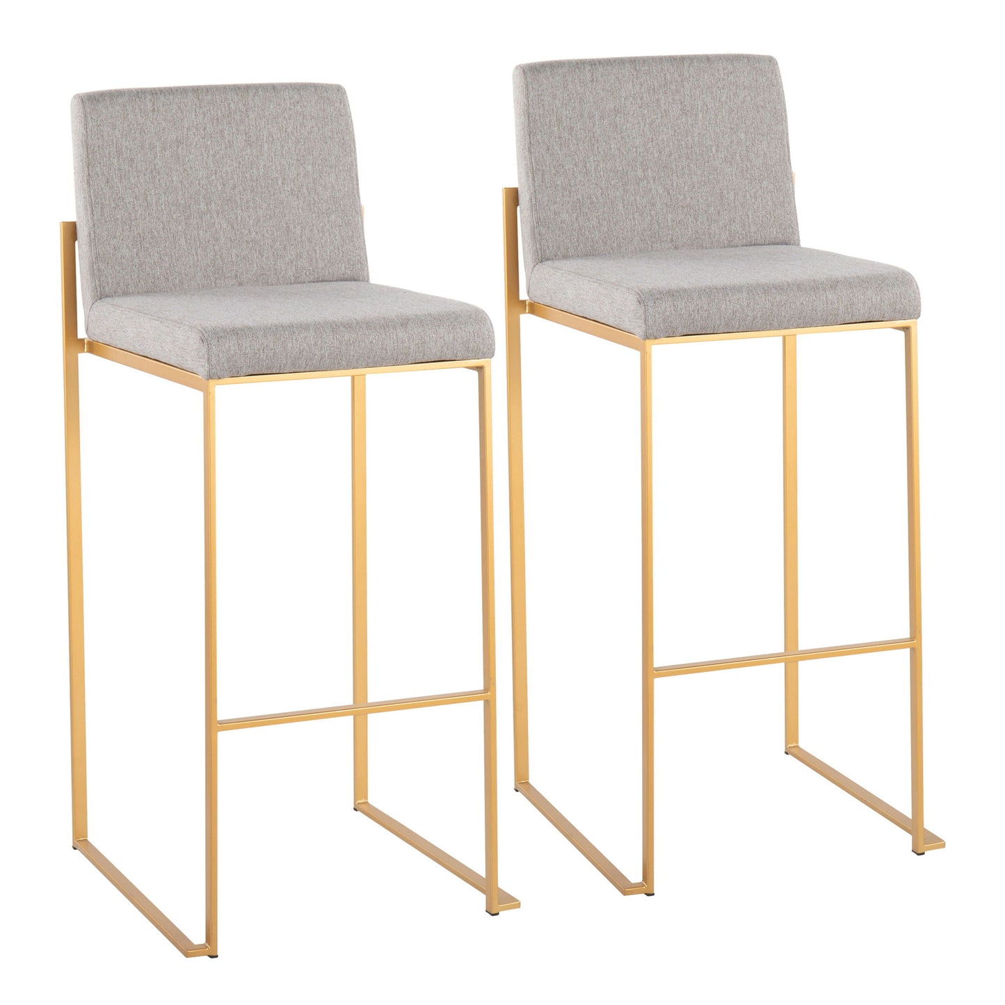 The Fuji Contemporary Design High Back Barstool set includes two modern stools with light gray cushioned seats and backs, sleek gold metal frames, and footrests, displayed side by side on a white background.