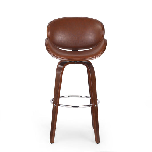 The Lumos - Mid Century Modern Upholstered Swivel Barstool features a curved brown leather seat and backrest, wooden legs, and a circular chrome footrest, shown against a plain white background.