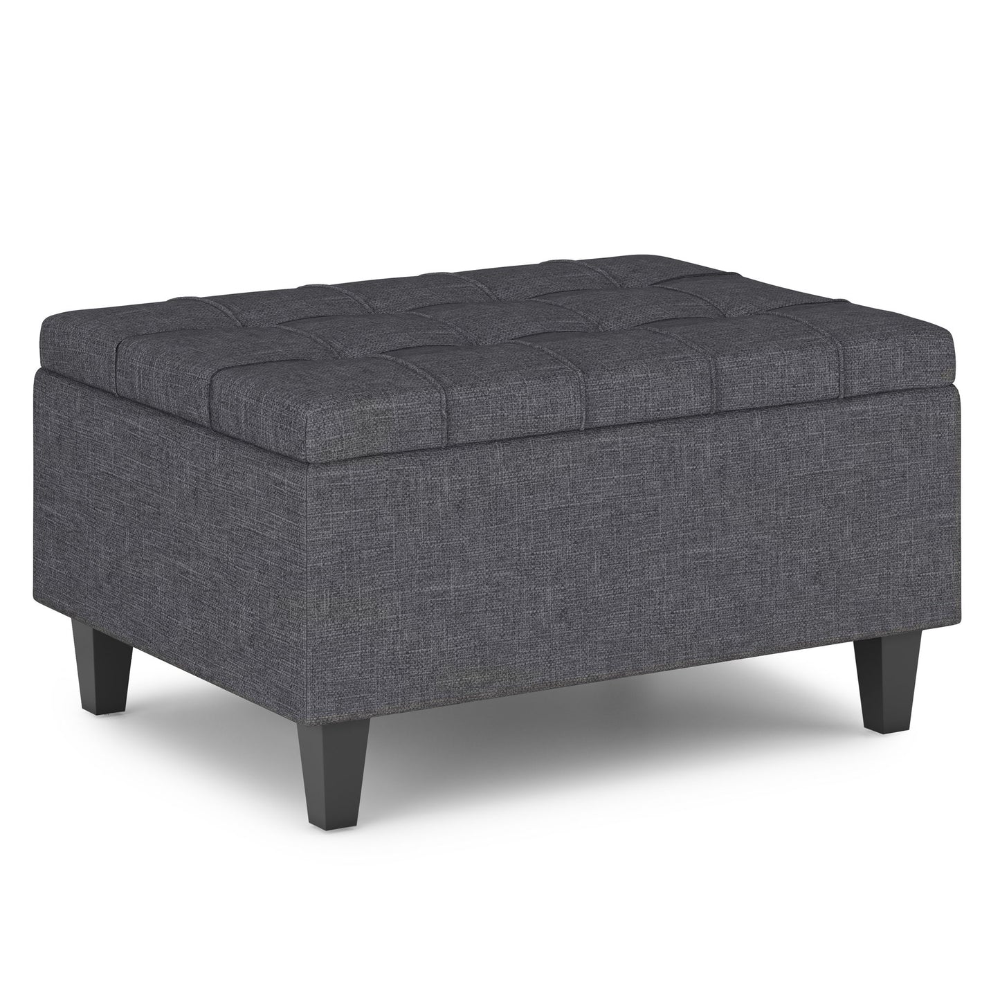 The Harrison Upholstered Coffee Table Storage Ottoman features a rectangular, dark gray design with a tufted top and short black legs, displayed against a white background.