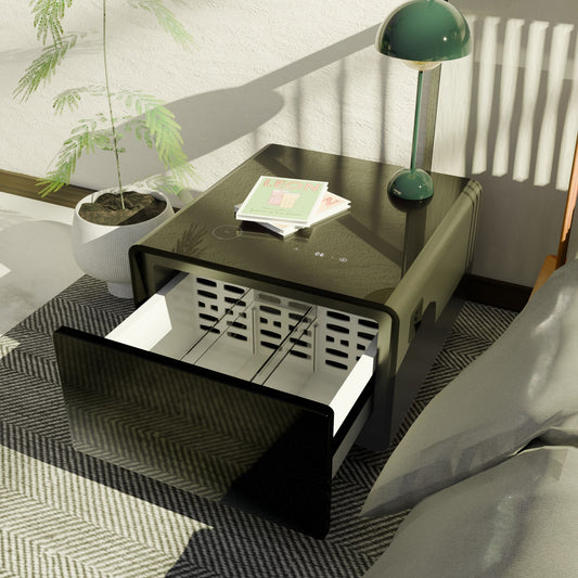 A Modern Smart Side Table with built-in fridge, wireless charging, temperature control, power socket, USB ports, outlet protection, and induction light sits beside a bed on a patterned rug. On top are a green lamp, plant, and magazine.