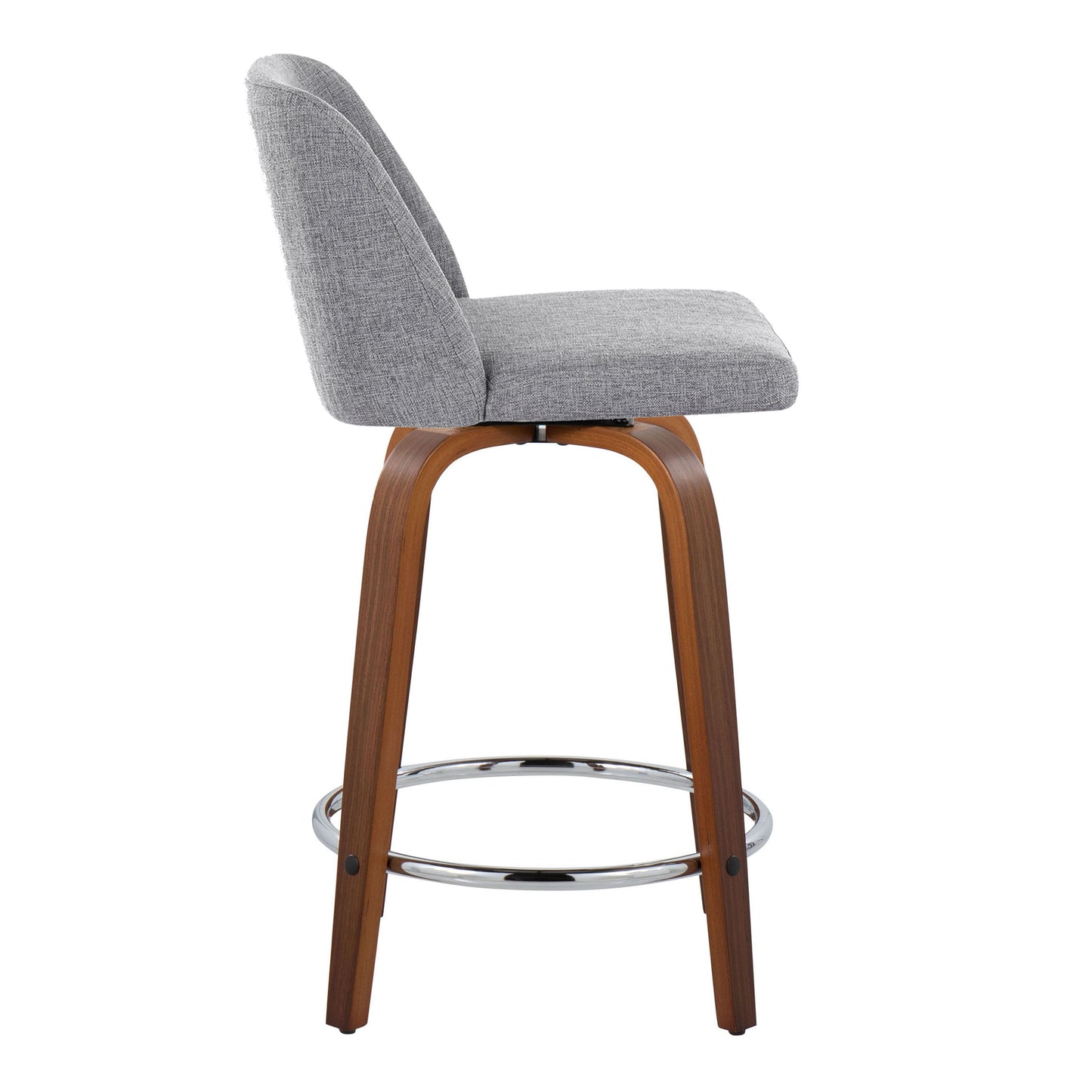 The Toriano stool is a mid-century modern counter stool with a gray cushioned seat and backrest, wooden legs, and a round metal footrest. Side view included. Available as a set of 2 with swivel feature.