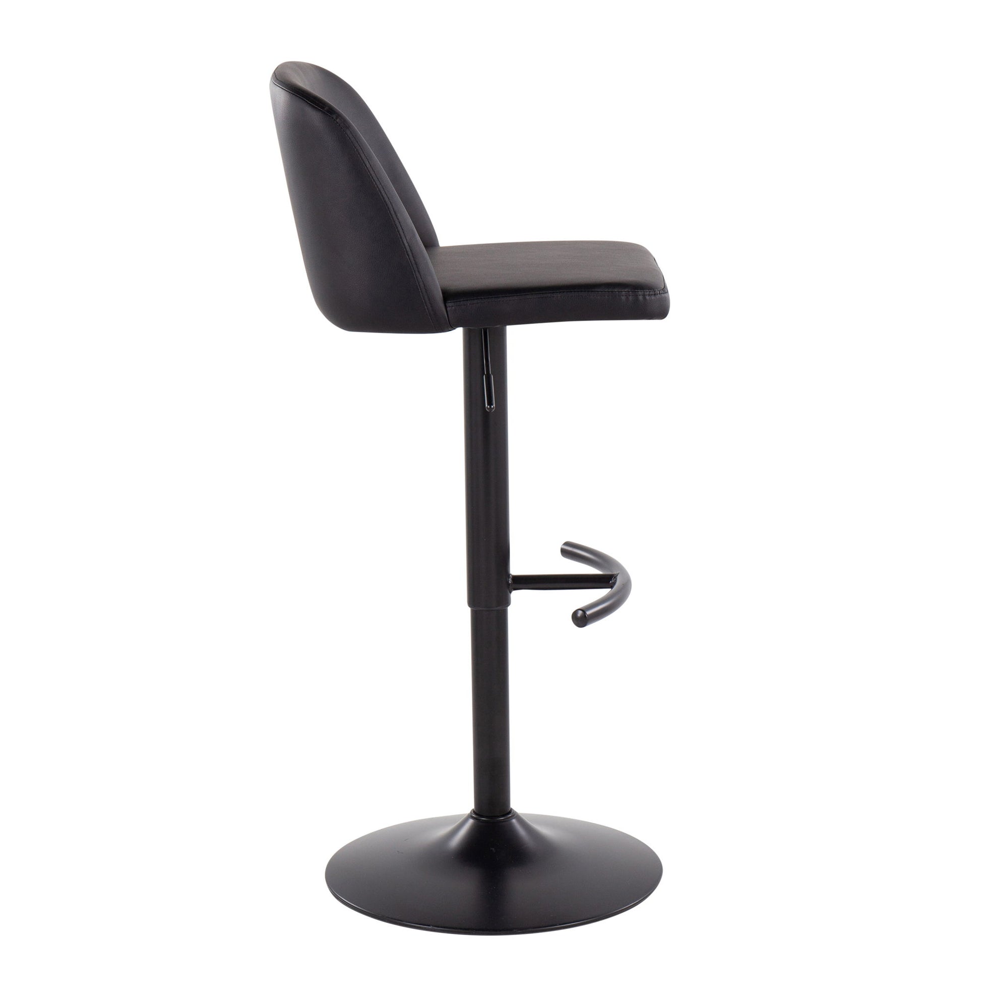 The Toriano Contemporary Adjustable Bar Stool (Set of 2) features a modern black design with a cushioned seat and backrest, a single metal pedestal base, and a distinctive rounded T footrest, shown from the side.