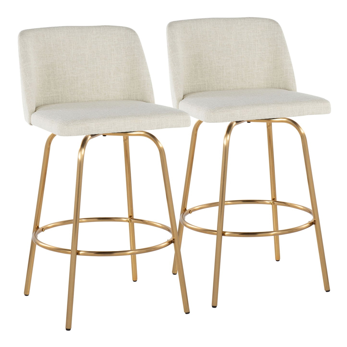 The Toriano set includes two contemporary, fixed-height counter stools with swivel seats, round footrests, and cream-colored cushions with gold metal legs, displayed side by side on a white background.