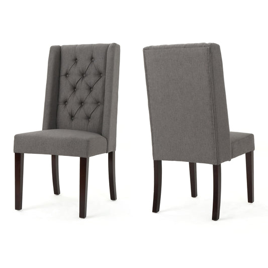 The Sophisticated Tufted Dining Chair With High Back Design features gray upholstery, button-tufted high backs, and dark wooden legs, displayed from front and back against a white background in a set of two.
