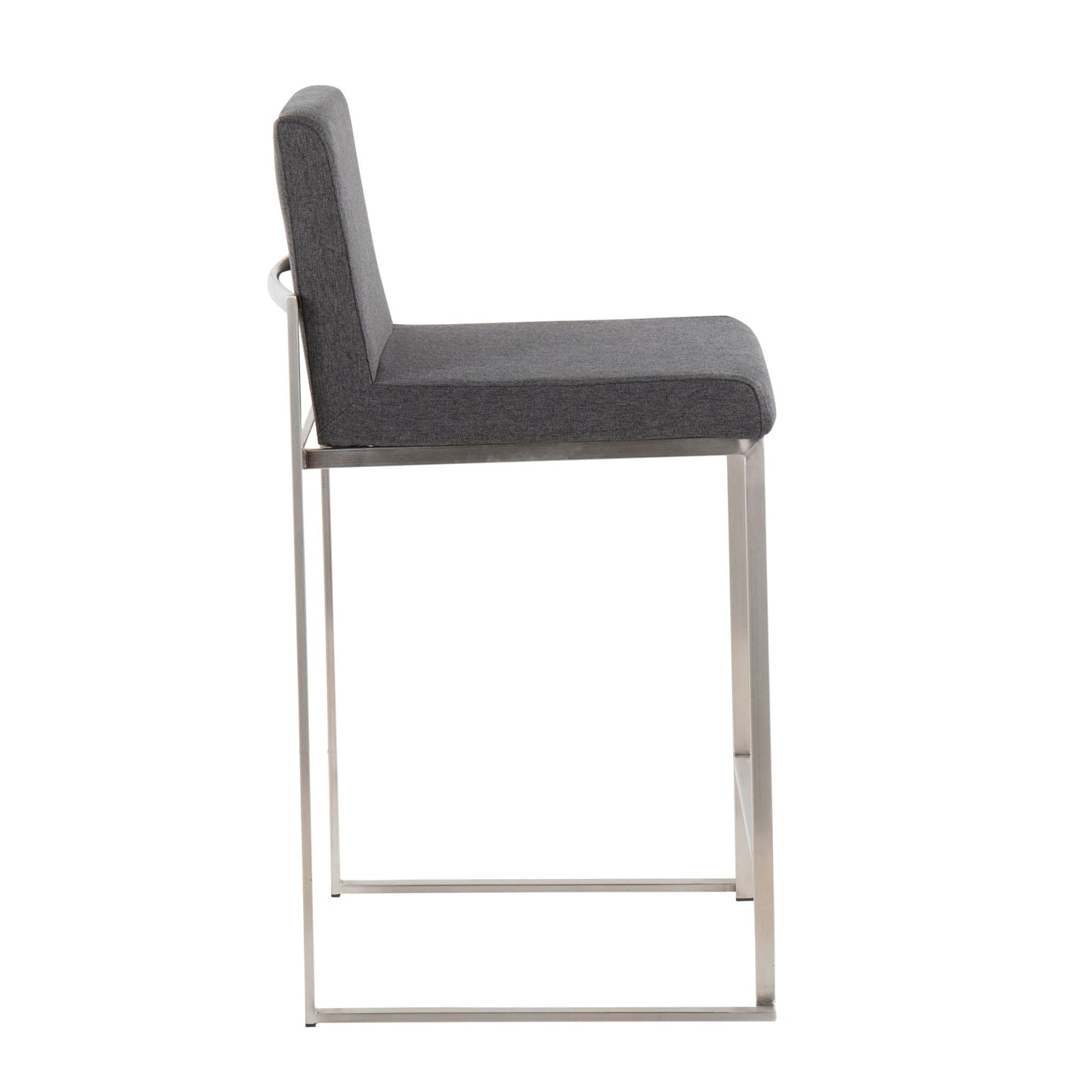 Side view of the Fuji - Contemporary High Back Counter Stool featuring a cushioned dark gray seat and backrest, supported by a sleek metal frame with a rectangular base for functional design.