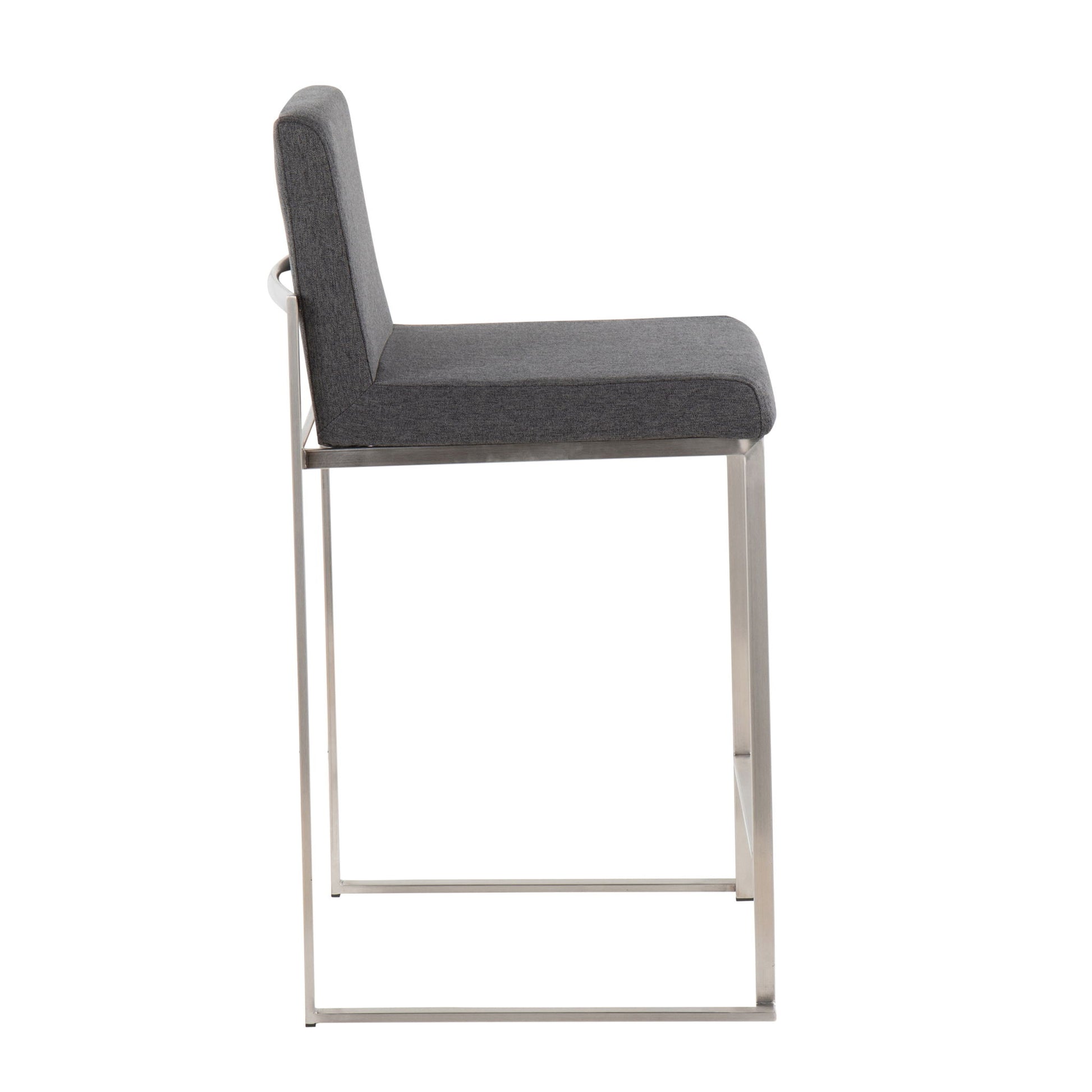 Side view of the Fuji - Contemporary High Back Counter Stool featuring a cushioned dark gray seat and backrest, supported by a sleek metal frame with a rectangular base for functional design.
