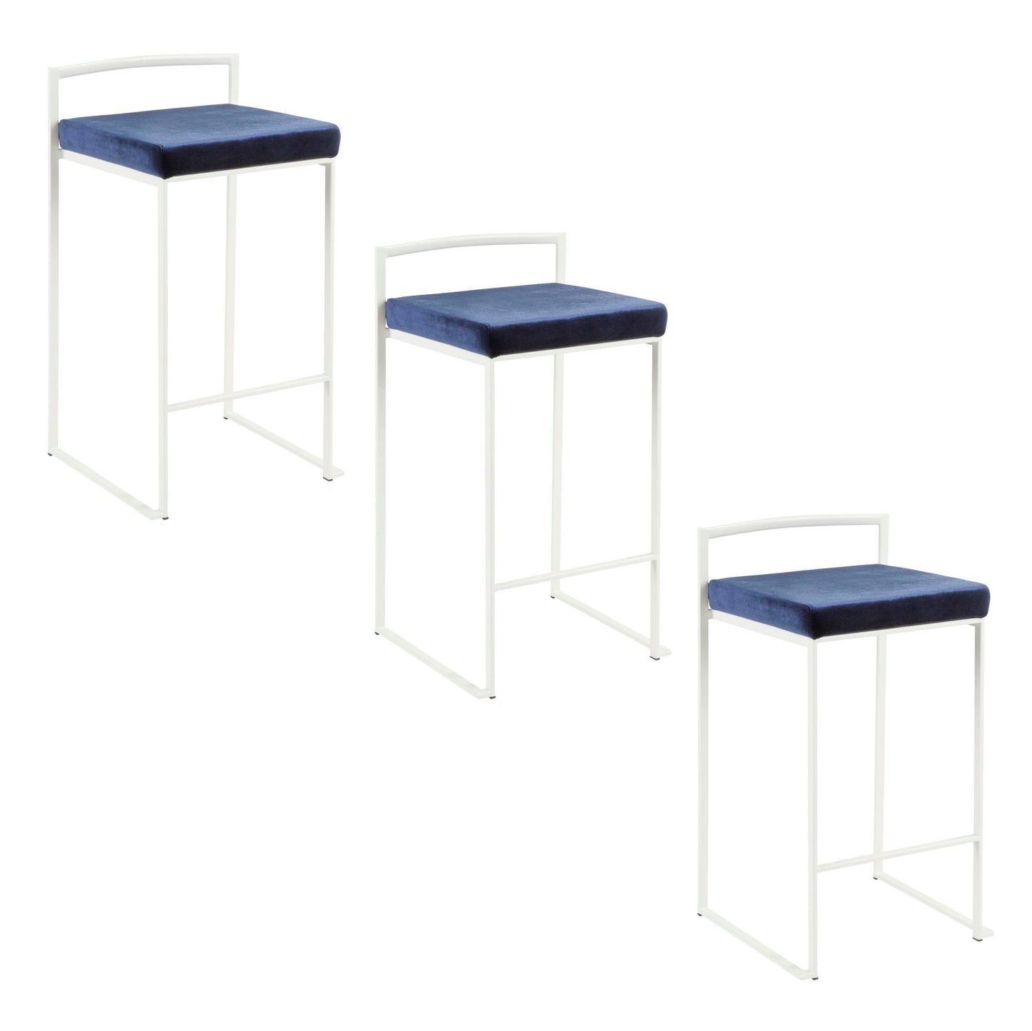 Three Fuji Simple Elegance stackable counter stools with white metal frames and square blue velvet cushions are arranged diagonally on a white background.