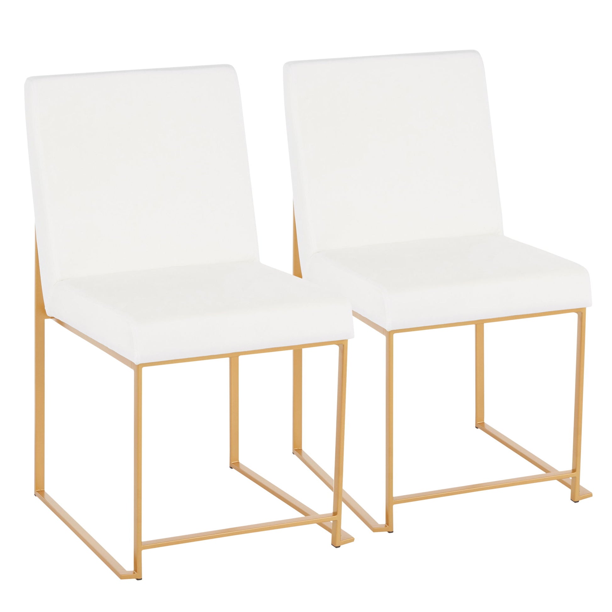 The Fuji set includes two contemporary high back dining chairs with white cushioned seats and gold metal frames, shown side by side against a white background.