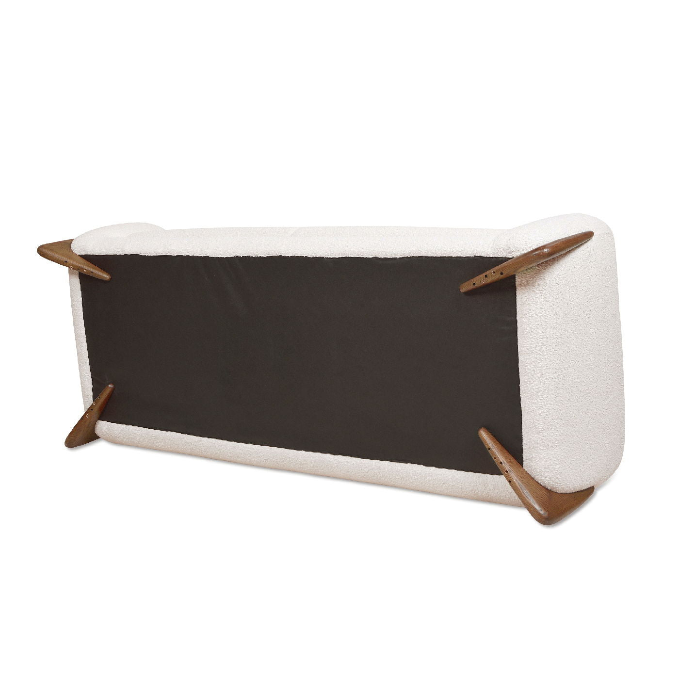 The Alpine - Luxurious Upholstery Sherpa Sofa is shown upside down, revealing its black underside and four outward-angled wooden legs.