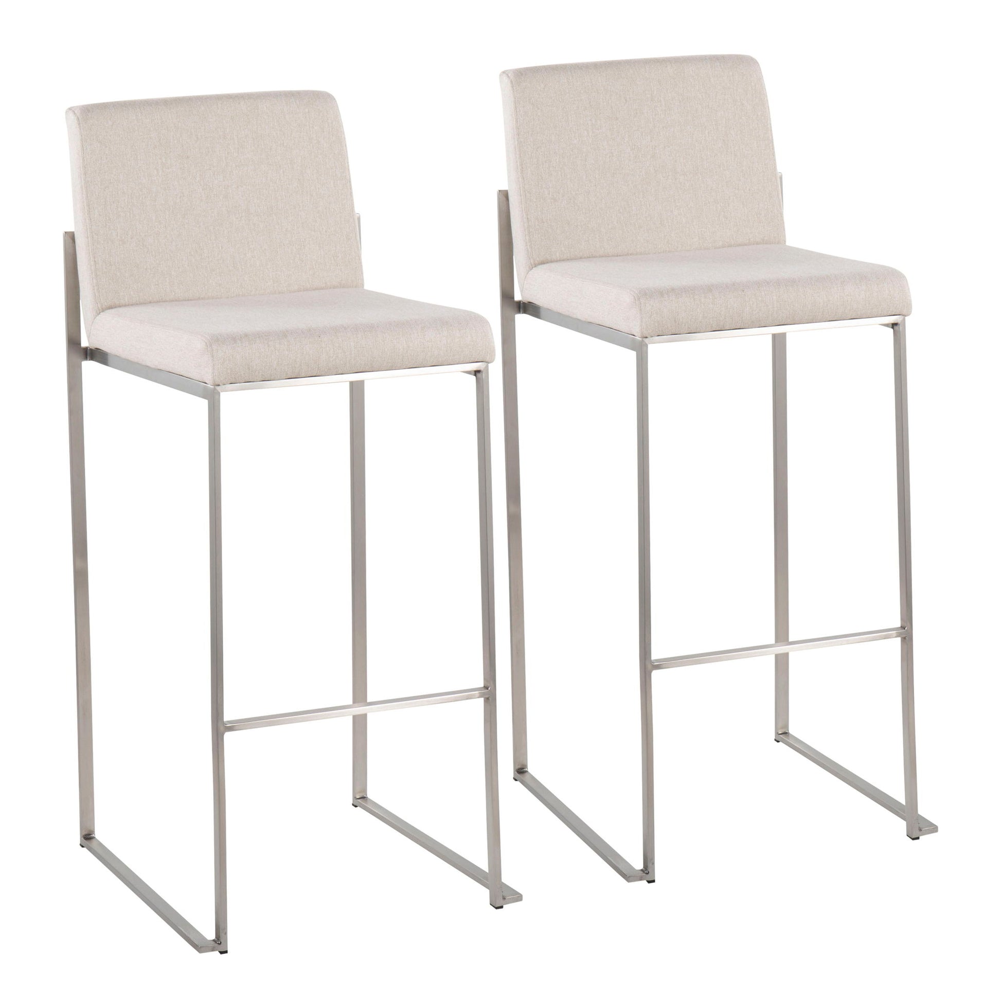 The Fuji - Contemporary and Modern Elegance High Back Barstools feature beige upholstered seats and backs, slim silver metal legs, and a minimalist design. Two stools are displayed side by side against a white background.