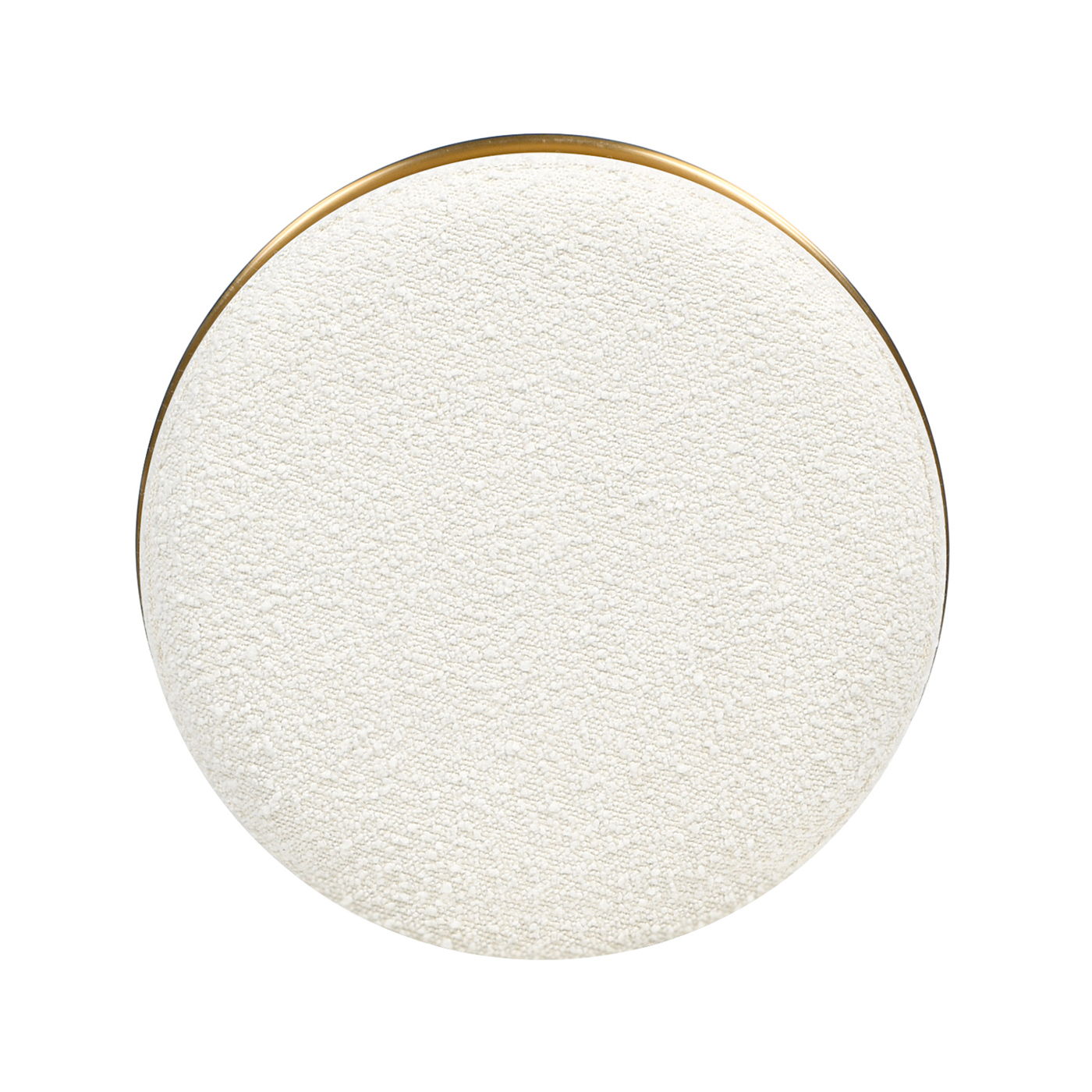 The Nebula Backless Round Upholstered Counter Stool in Burl and Ivory White features a textured, smooth-edged round seat with a thin gold rim, shown from above on a white background.