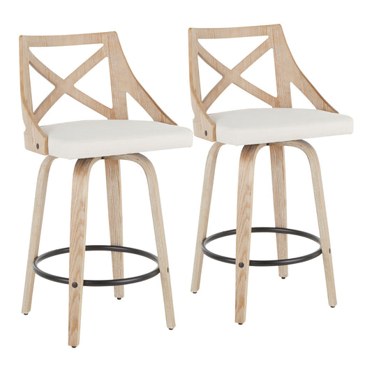 Set of 2 Charlotte Farmhouse Fixed Height Counter Stools feature white washed wood frames, cream cushioned seats, X-backrests, metal footrests, four legs, and a modern design. Swivel function included.