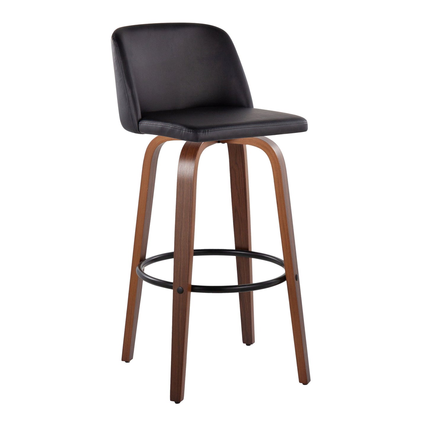 The Toriano Mid Century Modern Barstools (Set of 2) feature black cushioned seats and backrests, curved wooden legs, and round black metal footrests for stylish comfort at your bar.