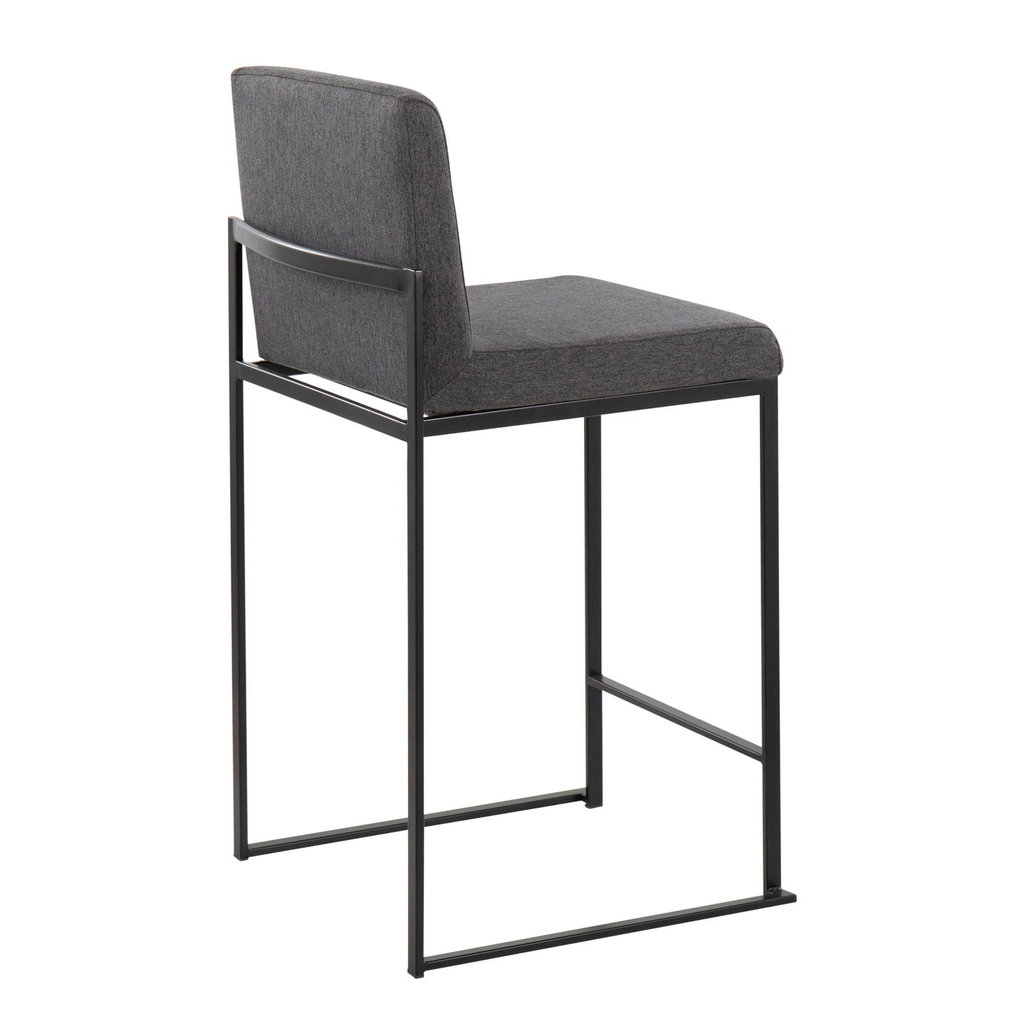 The Fuji - Contemporary Modern Elegance High Back Counter Stool features a black metal frame and dark gray cushioned seat and backrest in a minimalist design with clean, straight lines, shown angled on a white background.