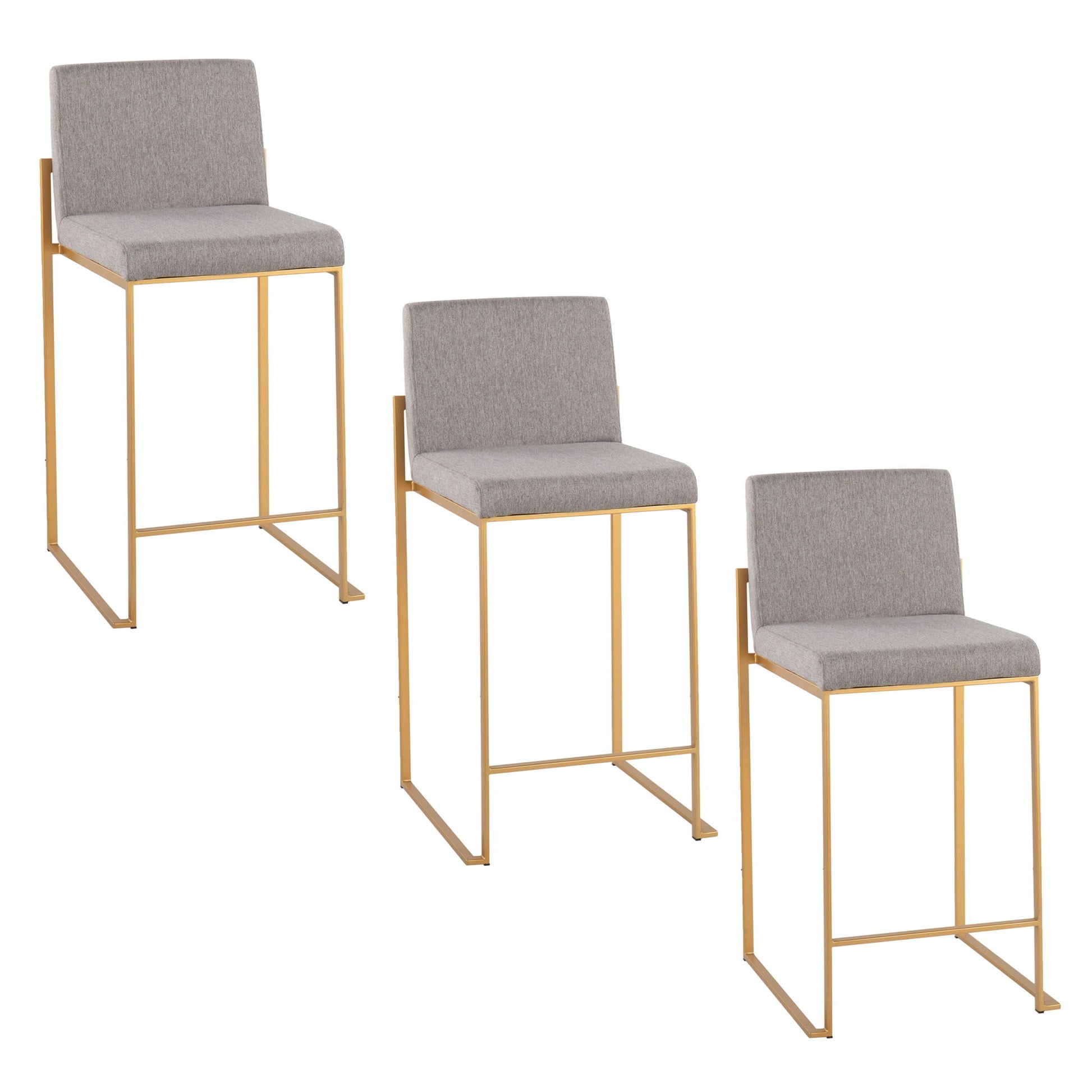 Three Fuji Contemporary High Back Counter Stools with gold metal frames and light gray upholstered seats and backs are displayed on a white background, arranged from tallest to shortest left to right.
