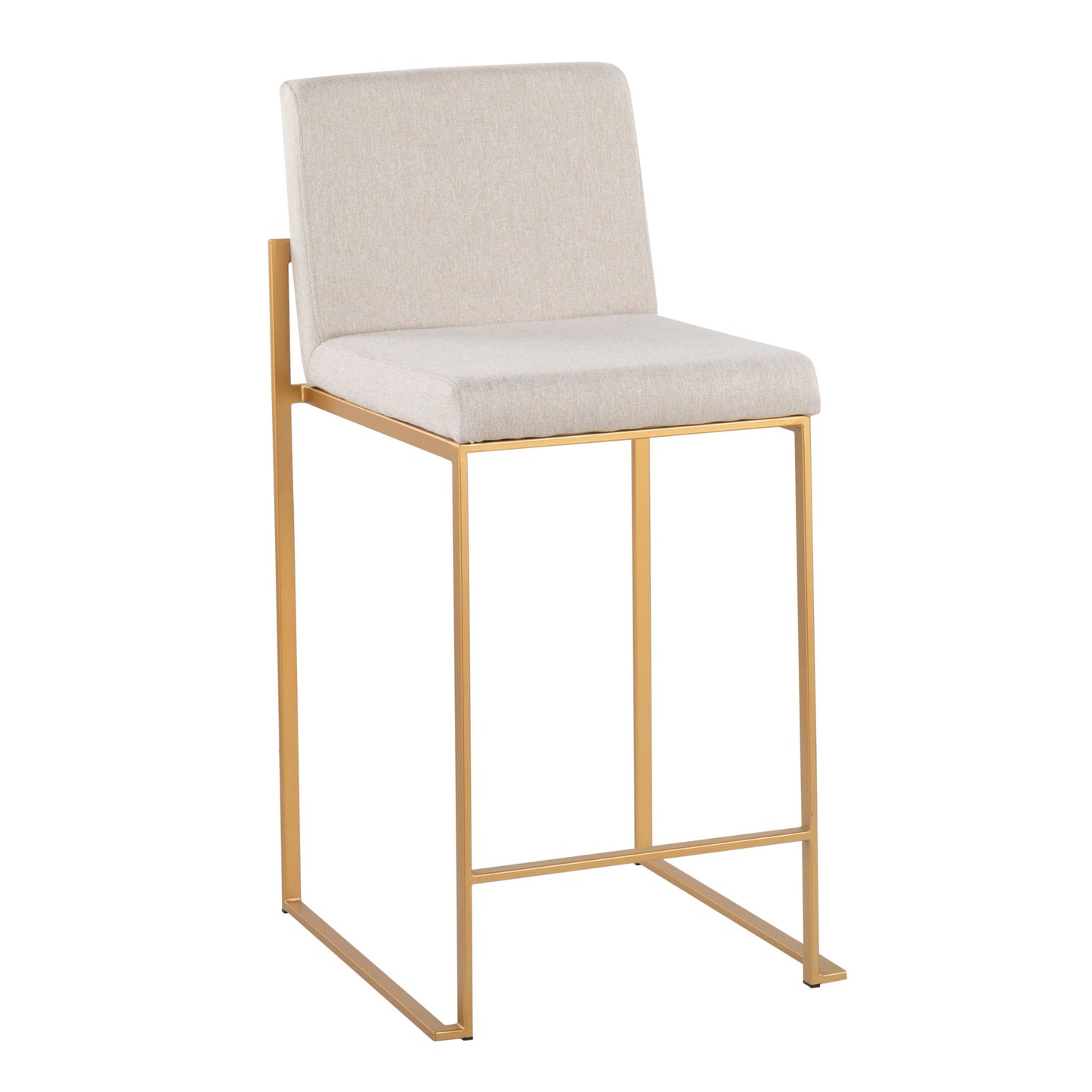 The Fuji - Contemporary High Back Stylish Counter Stool features a beige upholstered seat and backrest with a minimalist gold metal frame and straight legs.
