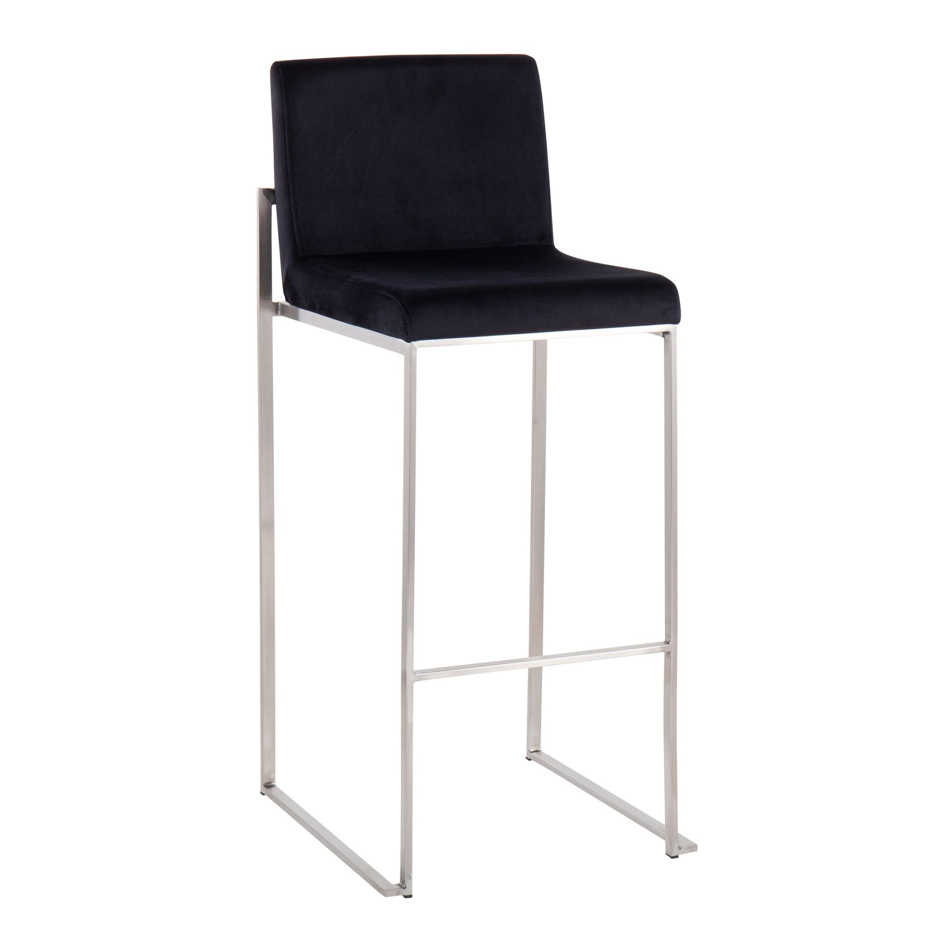 The Fuji - Contemporary And Modern Elegance High Back Barstool features a black cushioned seat and backrest, complemented by a sleek silver metal frame with a footrest.
