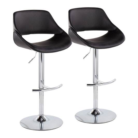 Set of 2 Fabrico Contemporary Adjustable Bar Stools with black curved seats, chrome pedestal bases, rounded T footrests, and height levers, displayed against a white background.