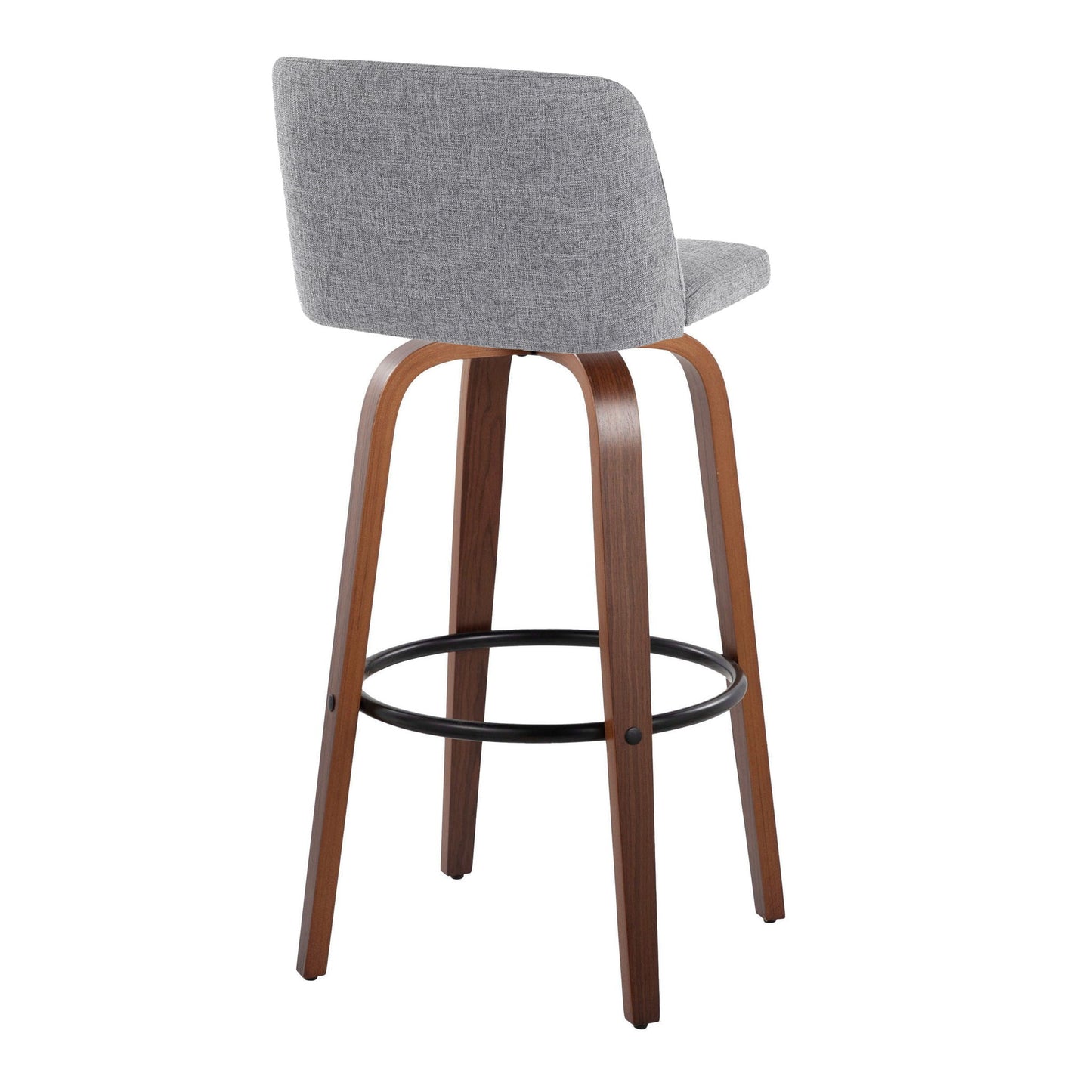 The Toriano Mid Century Modern Barstool set features a light gray upholstered seat and backrest, curved walnut-finished wooden legs, and a black round metal footrest. Set of 2; fixed height with swivel functionality.