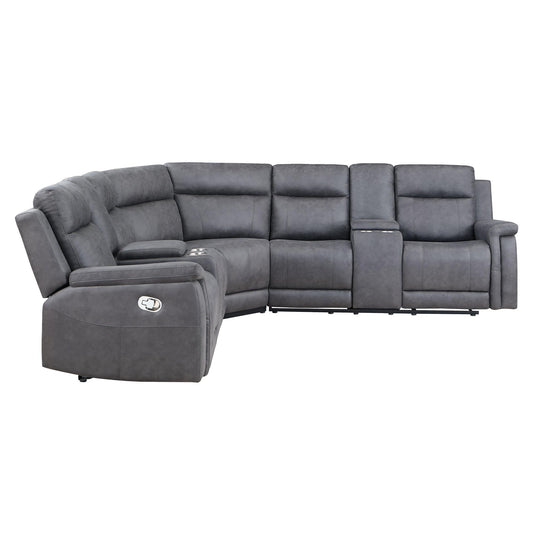 The Eco - Sectional - Greige is a spacious L-shaped sofa in greige fabric with padded seats and backs, cup holders, and a recliner at one end.