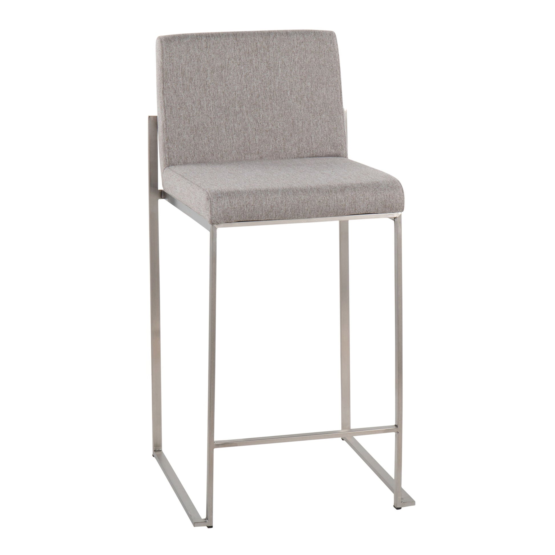 The Fuji Contemporary High Back Counter Stool features a light gray upholstered seat and backrest, a sleek minimalist metal frame, and sled-style legs for functional modern design.