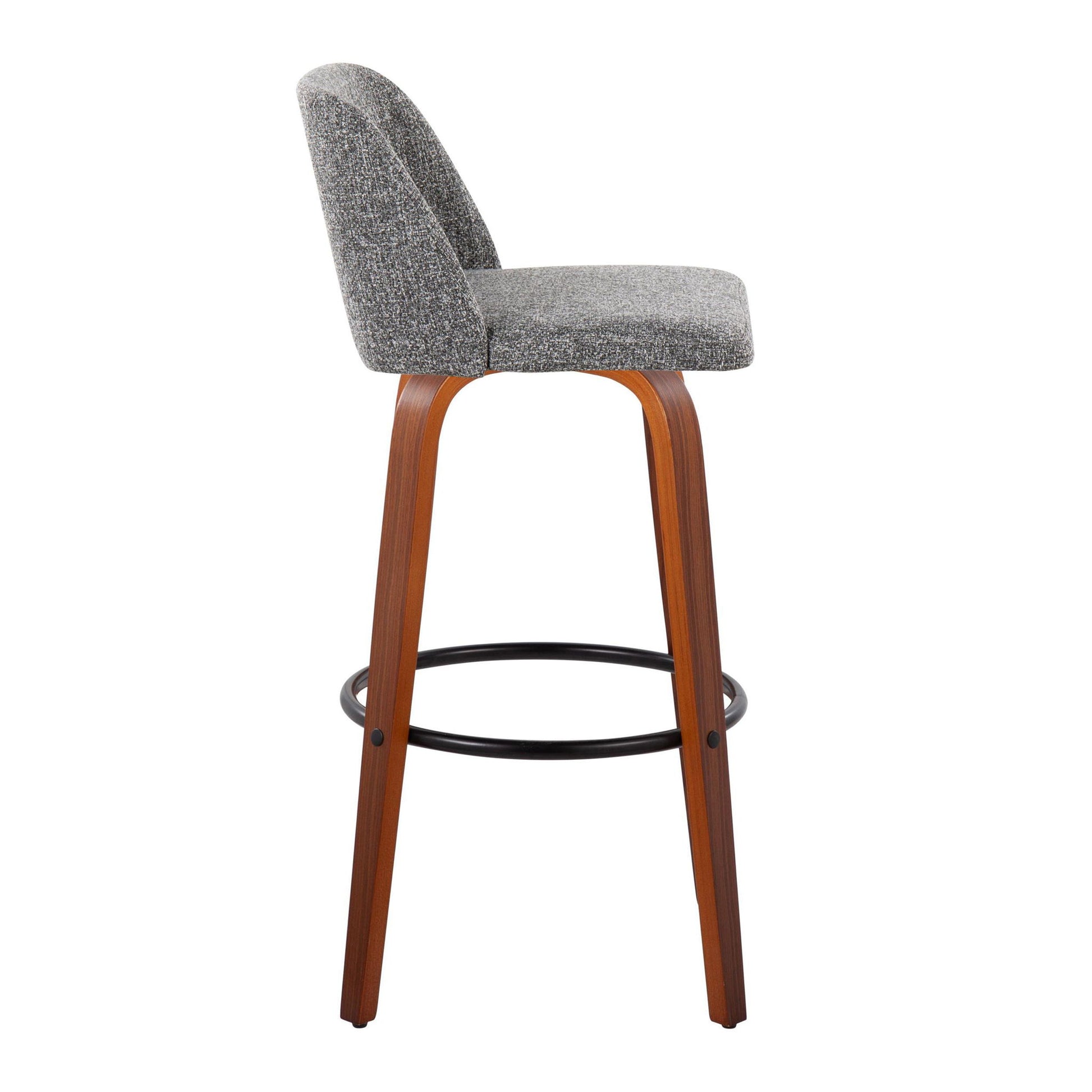 The Toriano Mid Century Modern Barstool set features a gray upholstered seat and back, wooden legs, and a round black metal footrest, shown side view against a white background. Set includes 2 fixed-height swivel stools.