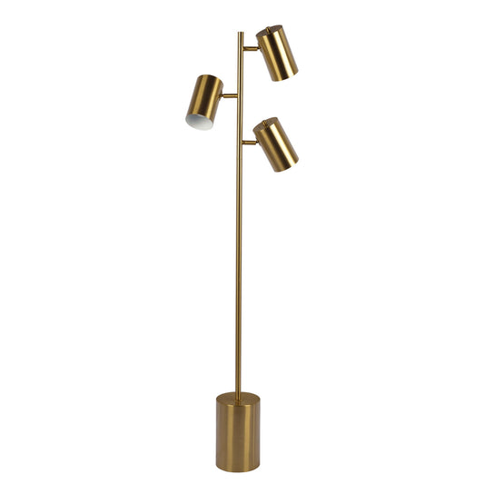 The Harmony Floor Lamp in gold features three adjustable cylindrical light heads on a slim pole with a block base and rotary switch.