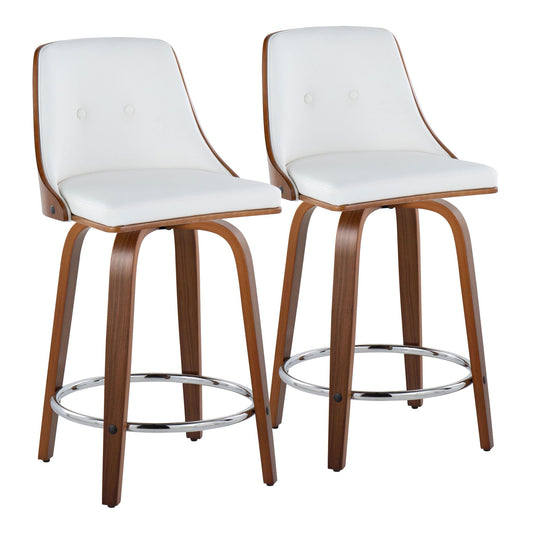 The Gianna Mid-Century Modern Fixed Height Stools (Set of 2) feature swivel seats, white cushions, wooden frames, curved legs, and a round chrome footrest for a sleek, contemporary look.