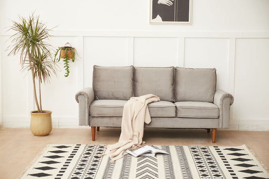 A modern living room features the Graceful Design Plush Comfort Sofa in gray, a beige knit blanket, an open book on a patterned rug, potted and hanging plants, and framed art on a white wall.