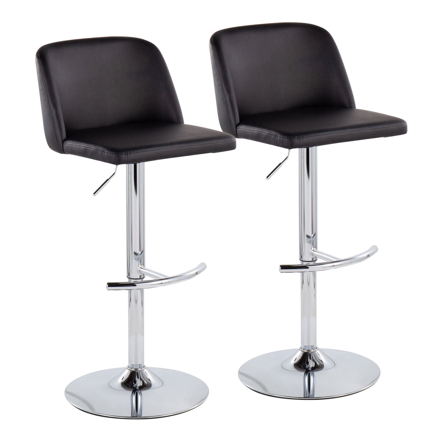 Set of 2 Toriano Contemporary Adjustable Barstools with black cushioned seats and backs, chrome swivel bases, and rounded T footrests, shown against a plain white background.
