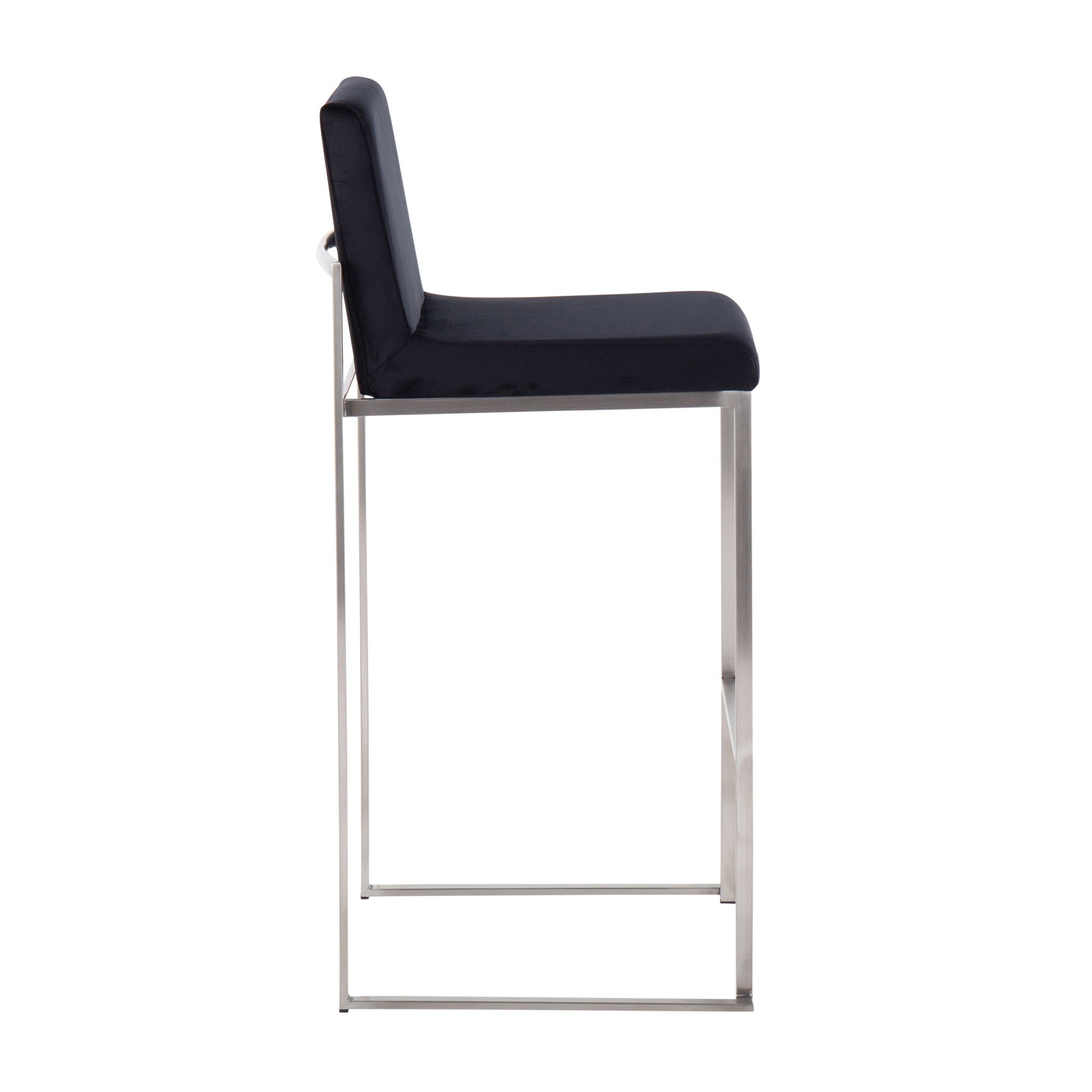 Side view of the Fuji - Contemporary and Modern Elegance High Back Barstool featuring a black cushioned seat and backrest, paired with a sleek silver metal frame with straight legs and a rectangular base.