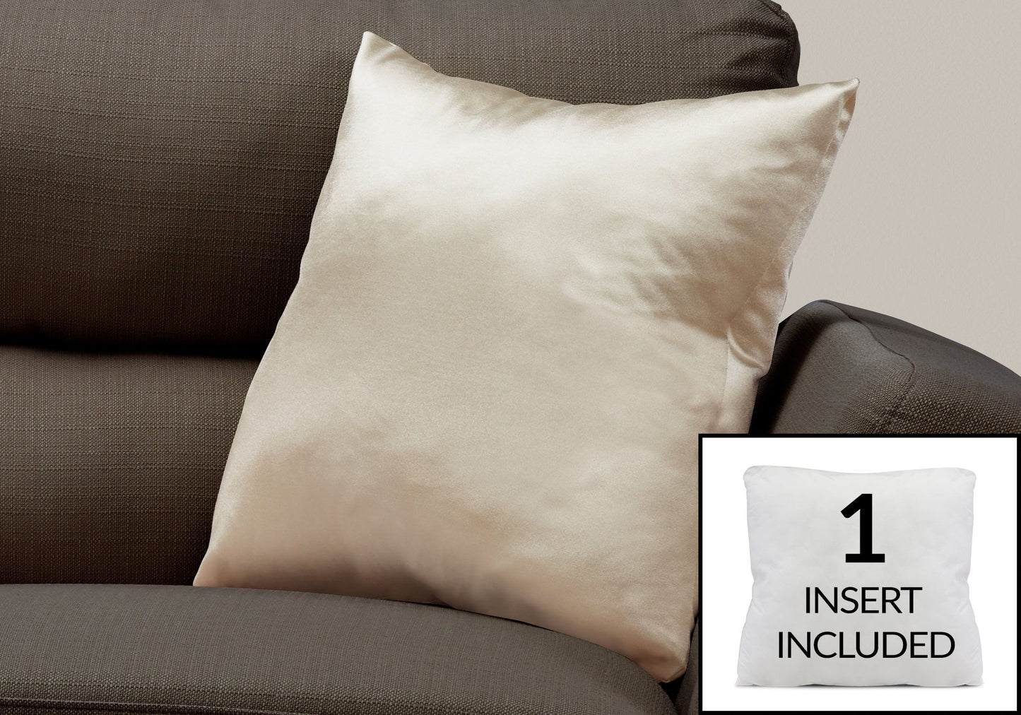 A light beige satin decorative throw pillow rests on a dark brown sofa. In the corner, an inset shows a white square pillow labeled "1 INSERT INCLUDED." Modern, hypoallergenic pillows come with inserts for comfort and style.