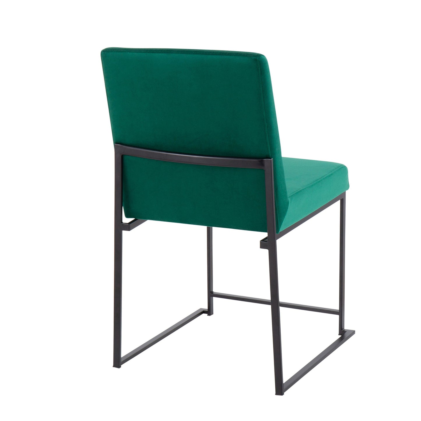 The Fuji High Back Dining Chair set features a contemporary green upholstered seat and backrest with a sleek black metal frame and sled-style legs, shown from a rear side angle against a white background.