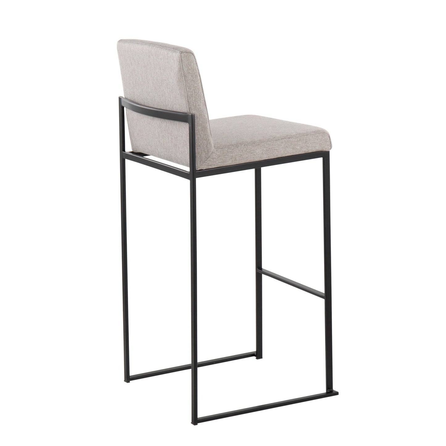 The Fuji Contemporary High Back Barstool features a light gray upholstered seat and backrest, slim black metal legs, and an elegant minimalist frame design. The chair’s sleek and simple structure is highlighted from an angled view.