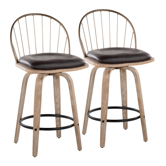 The Riley Farmhouse Counter Stools (set of 2) feature white washed legs, antique copper metal footrests and curved backrests, plus round removable brown cushions, shown side by side against a white background.