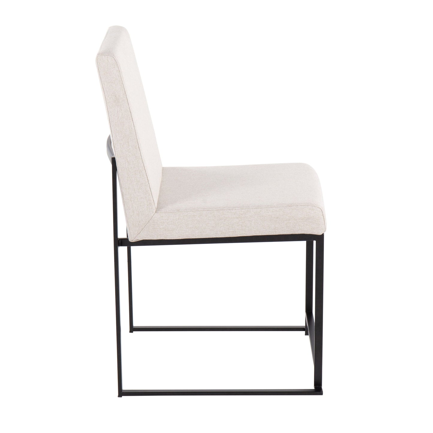 Side view of the Fuji - Contemporary Modern Elegance With High Back Dining Chair (Set of 2), featuring a light beige cushioned seat and backrest with a minimalist black metal frame.