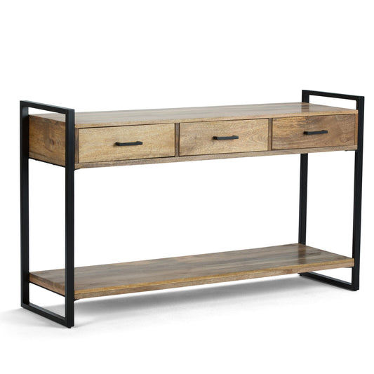 The Riverside Table features a modern wooden top, three drawers with black handles, an open lower shelf, and a sleek black metal frame.