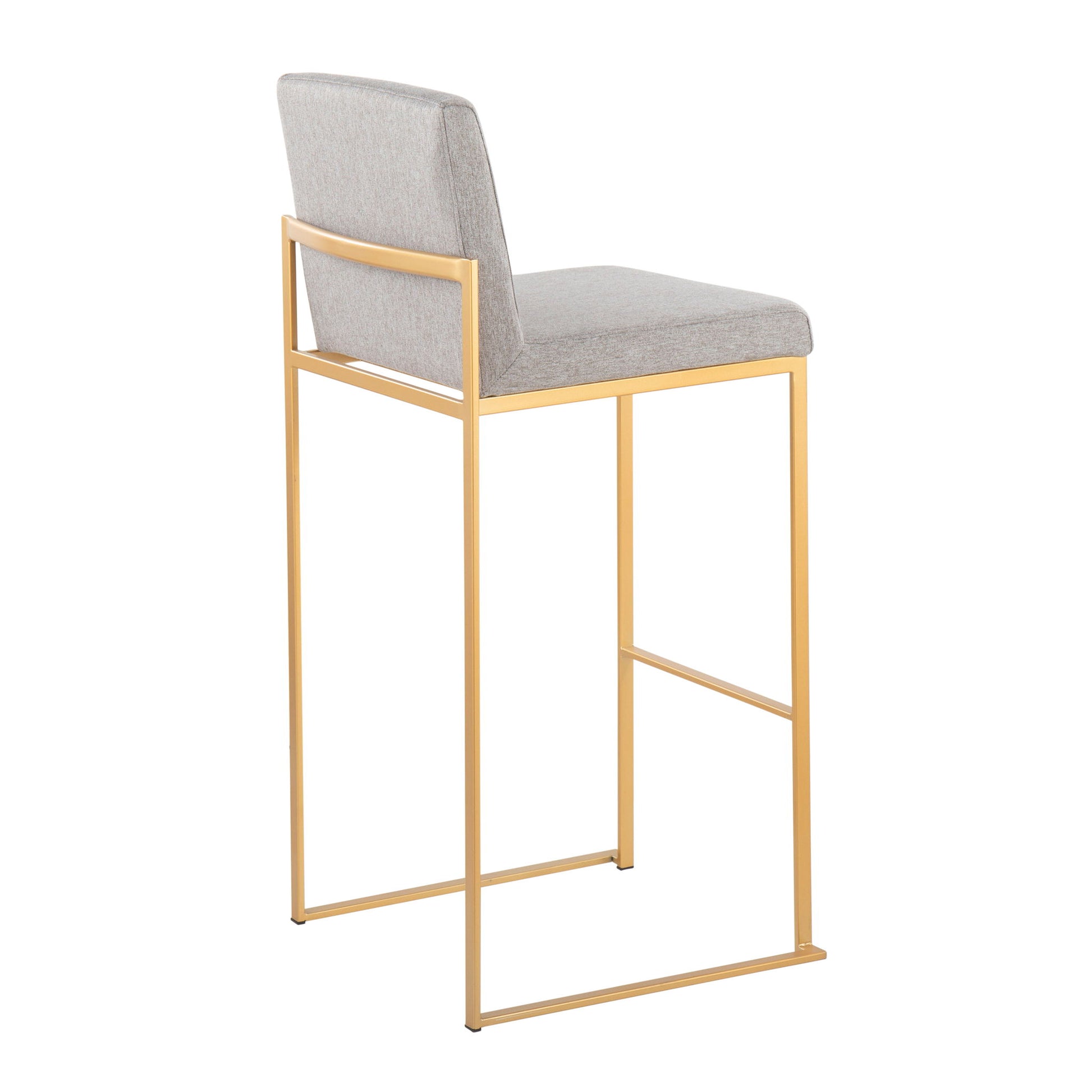 The Fuji - Contemporary Design High Back Barstool (Set of 2) features a gold metal frame and light gray upholstered seat and backrest, displayed from a rear side angle on a white background.