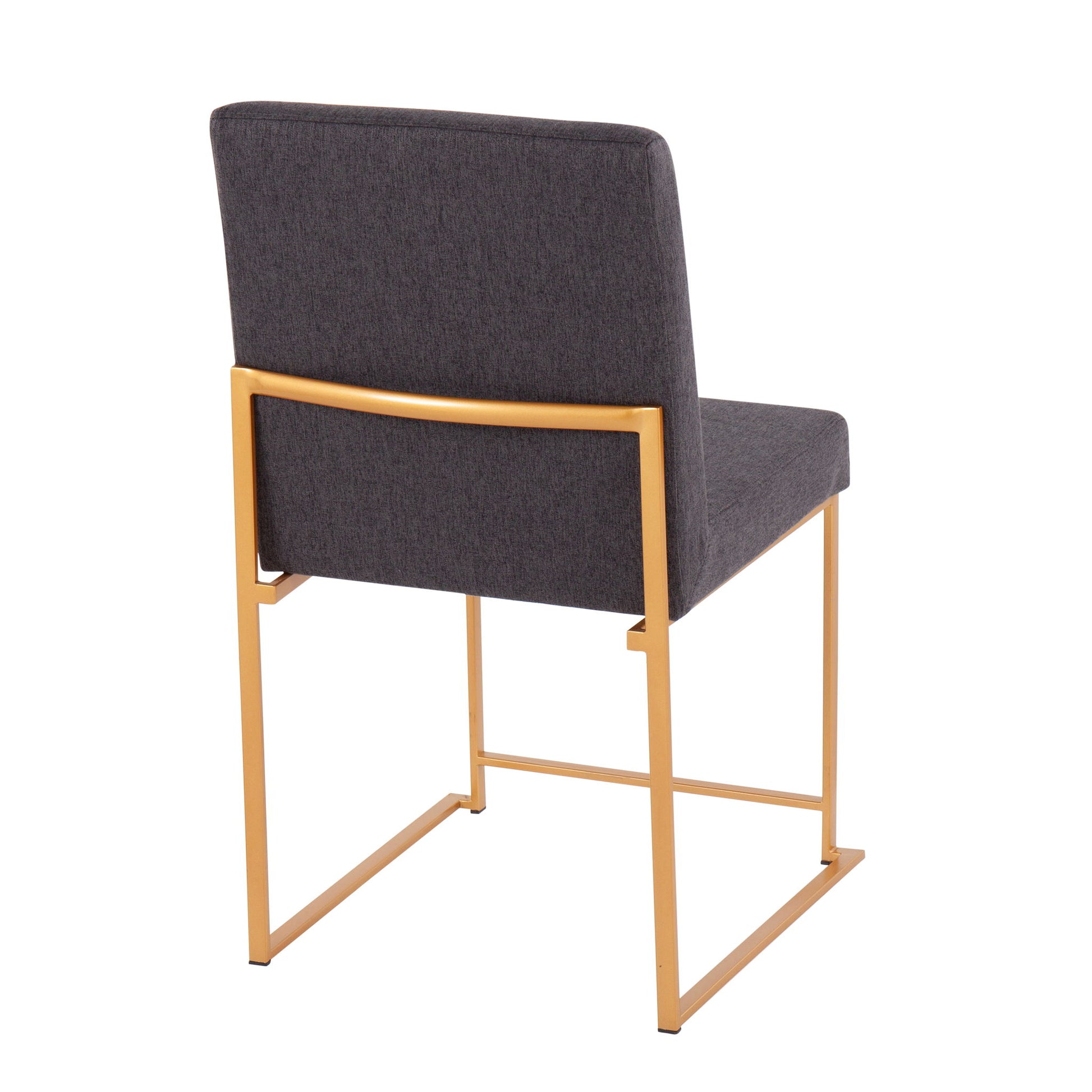 The Fuji High Back Dining Chair (Set of 2) features a sleek gold metal frame, open rectangular legs, and a dark gray upholstered seat and backrest, shown from a rear angle for a modern, contemporary look.