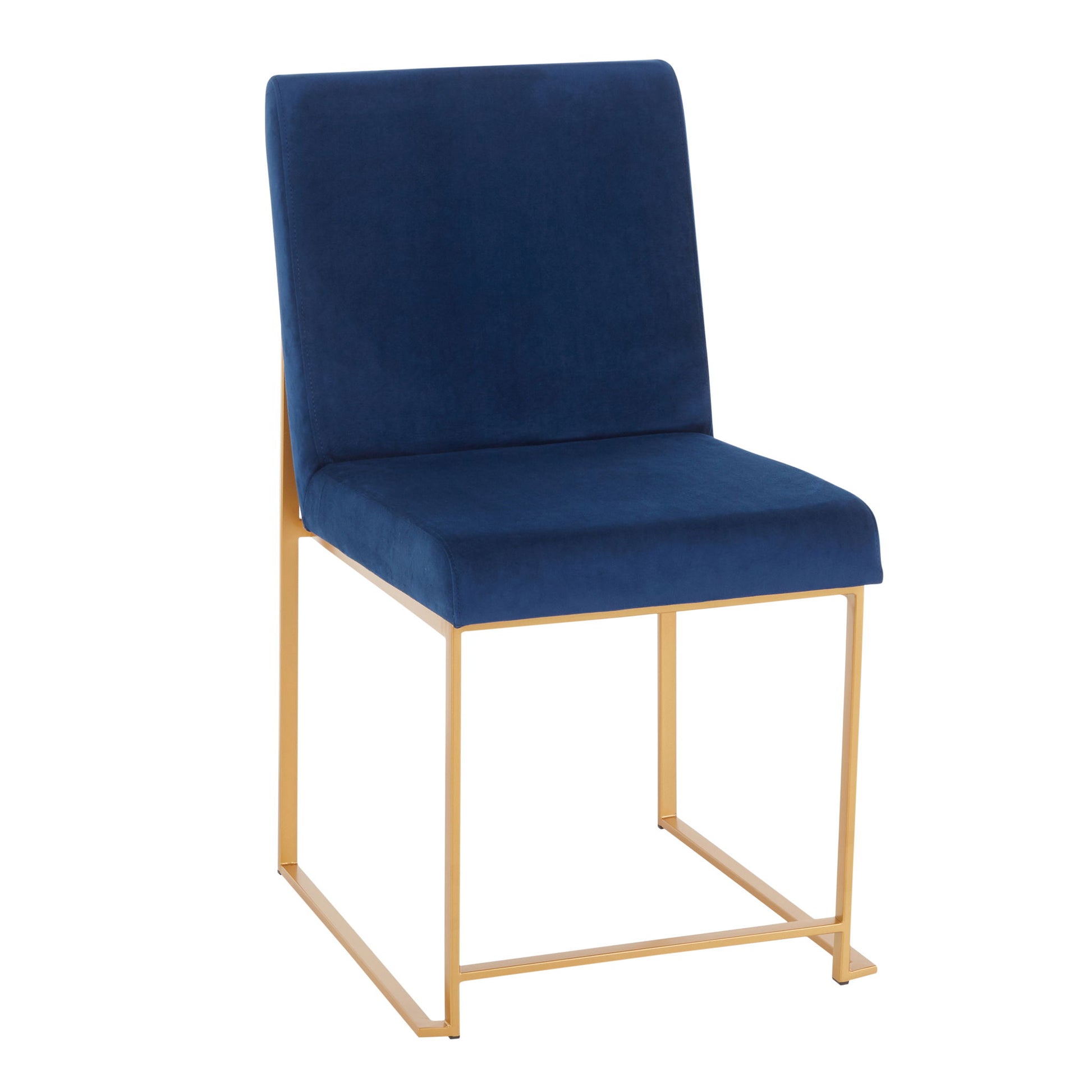 The Fuji High Back Dining Chair (Set of 2) features a deep blue cushioned seat and backrest, complemented by a sleek gold metal frame with open rectangular legs for a modern, stylish look.