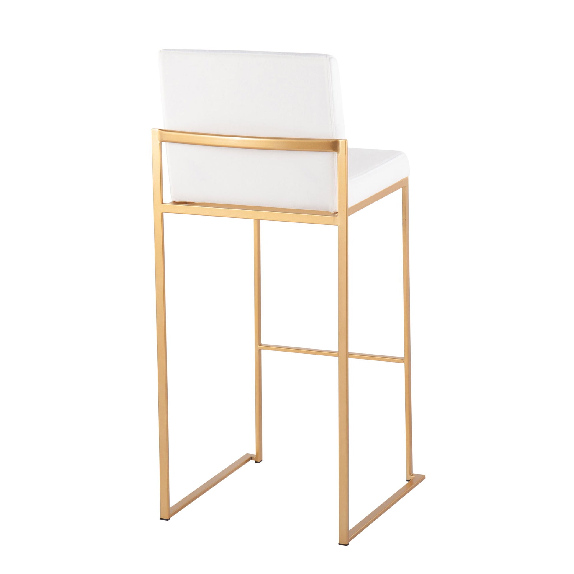 The Fuji - Contemporary Design High Back Barstool (Set of 2) features a white cushioned seat and backrest on a sleek gold metal frame with straight lines and an open, minimalist look.