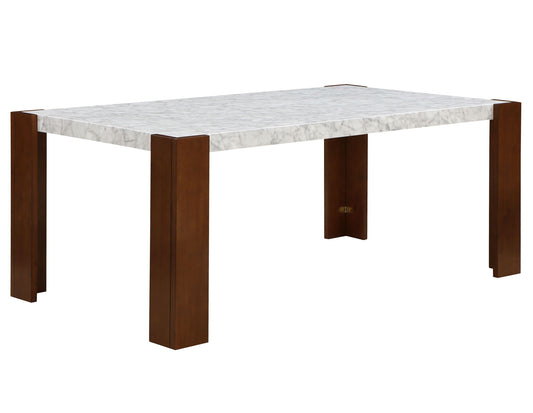 The Hettie Dining Table features a modern, minimalist design with a white engineered stone top and four wide, dark brown wooden legs at the corners.