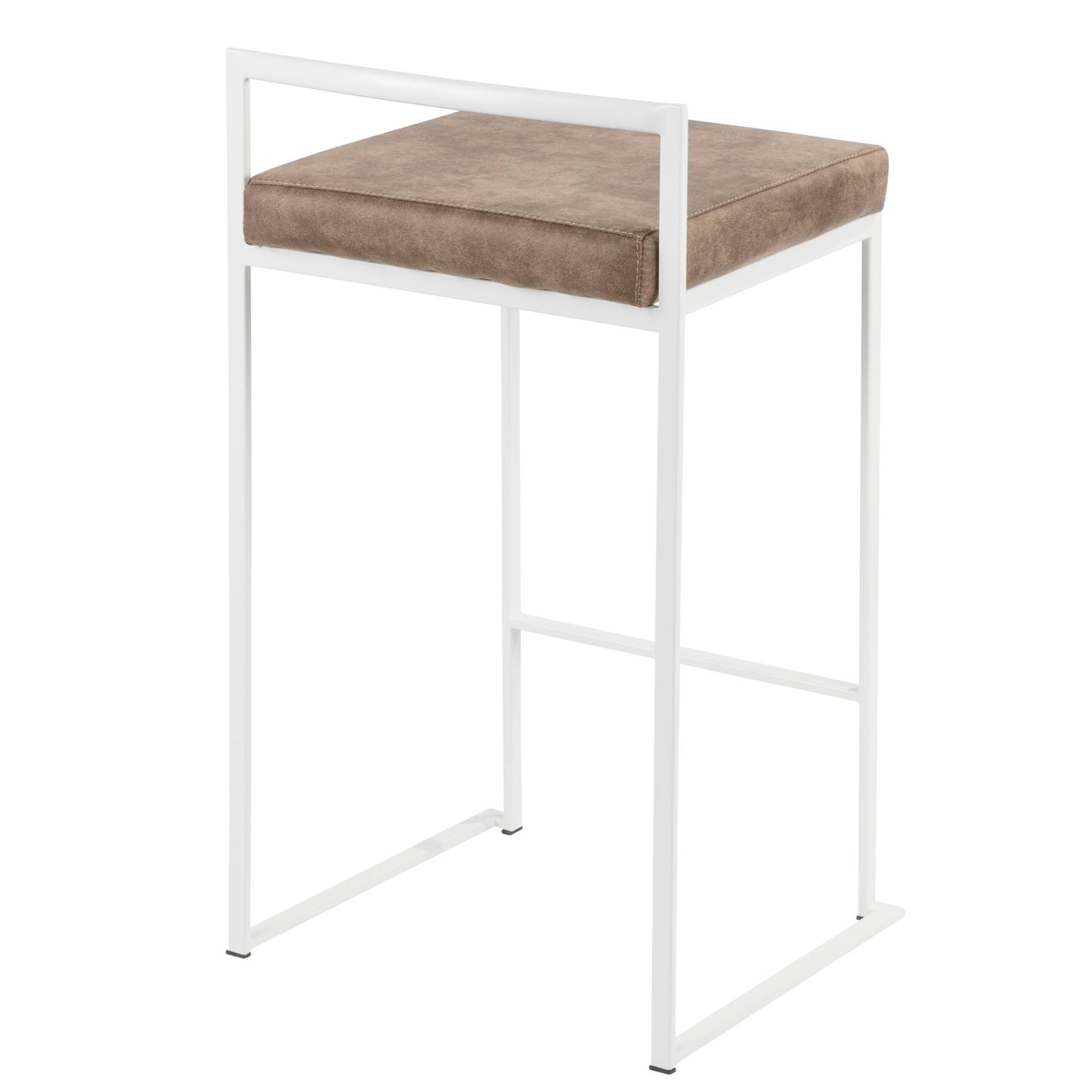 The Fuji Simple Elegance Counter Stool features a white metal frame, straight legs, and a minimalist design with a thick, square brown cushioned seat and simple backrest. This contemporary stool is also stackable for easy storage.
